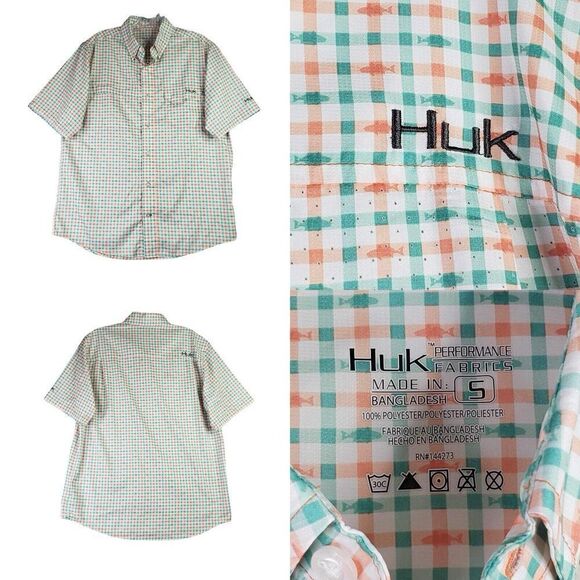 Huk Fishing Shirt Teal Plaid Mens Small S Short Sleeve Button Down Performance - Picture 1 of 12